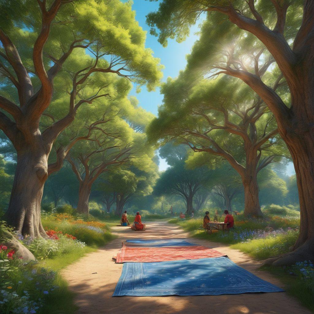 A serene, sunlit forest clearing where diverse groups of happy people gather together, sharing stories and laughter under the shade of ancient trees. Show vibrant flowering plants and a clear blue sky, with a winding path leading into the distance symbolizing exploration. Include details like colorful picnic blankets and cozy seating areas to evoke a sense of community and support. super-realistic. vibrant colors. nature-inspired.