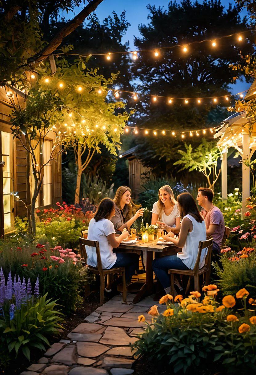 A warm, inviting scene featuring a diverse group of people engaging in various activities in a hidden garden brimming with colorful flowers and soft, glowing lights. The image should encapsulate a sense of togetherness, joy, and fulfillment among the individuals interacting discreetly, sharing laughs and ideas. The background should suggest a serene environment with hints of mystery, like distant trees or soft fog, emphasizing connectivity with unseen communities. super-realistic. vibrant colors. soft glow.