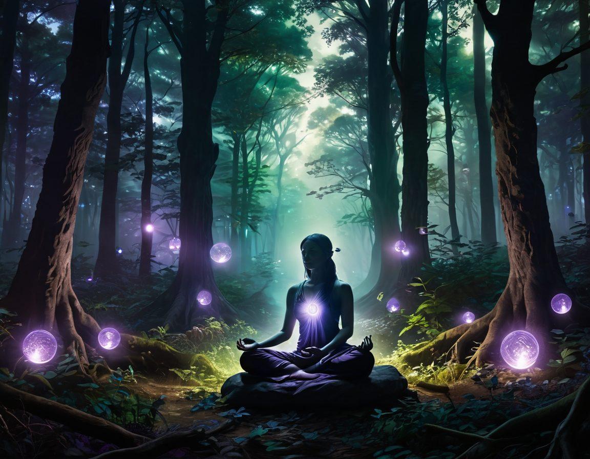 A serene figure meditating in a shadowy forest, surrounded by soft, glowing orbs representing secret networks of connection. Wisps of light weave through the trees, symbolizing the journey towards elation and inner peace. The color palette is a mix of deep greens and purples with hints of warm light breaking through the shadows. ethereal and mystical atmosphere. super-realistic. vibrant colors.